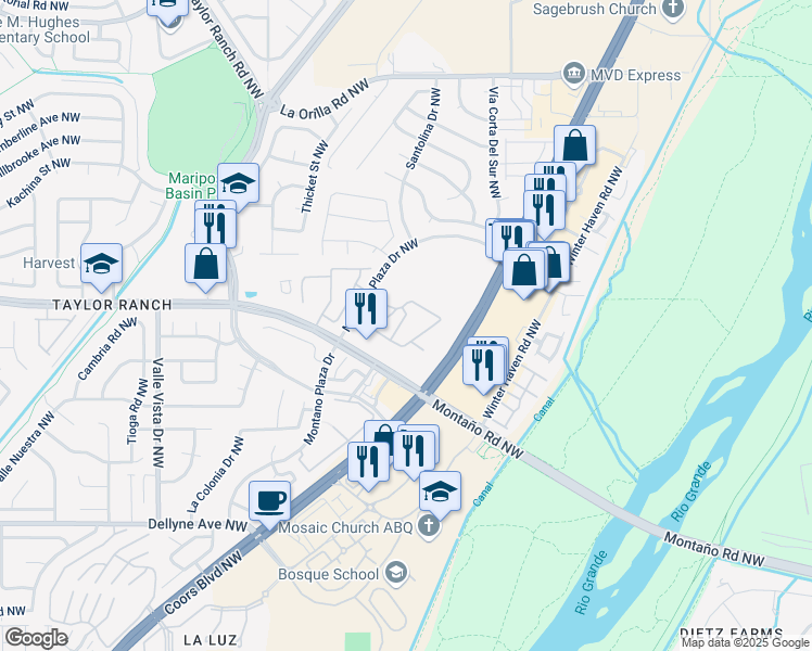 map of restaurants, bars, coffee shops, grocery stores, and more near 6000 Montano Plaza Drive in Albuquerque