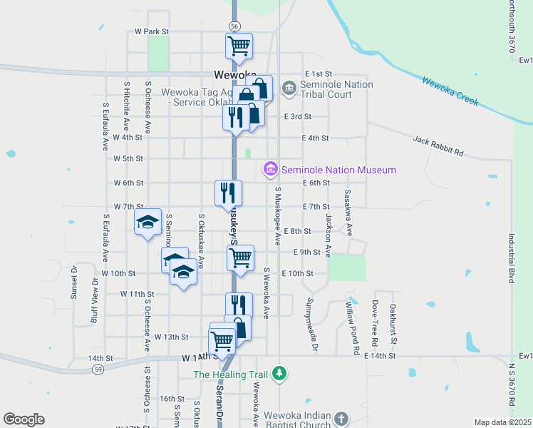 map of restaurants, bars, coffee shops, grocery stores, and more near South Wewoka Avenue in Wewoka