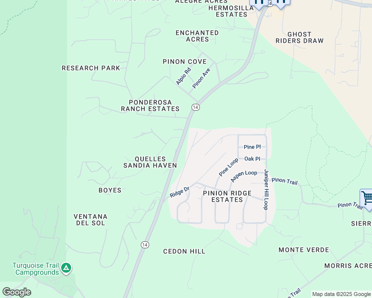 map of restaurants, bars, coffee shops, grocery stores, and more near 12385 New Mexico 14 in Cedar Crest