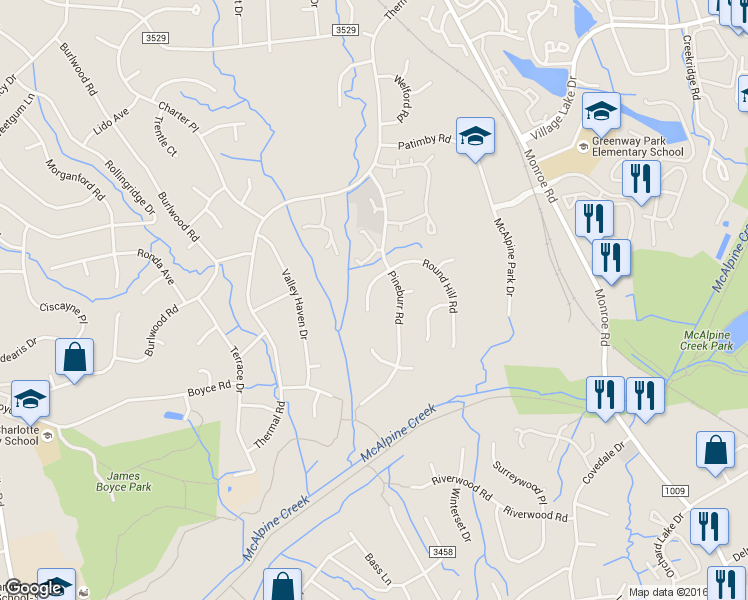 map of restaurants, bars, coffee shops, grocery stores, and more near 6541 Deermont Court in Charlotte
