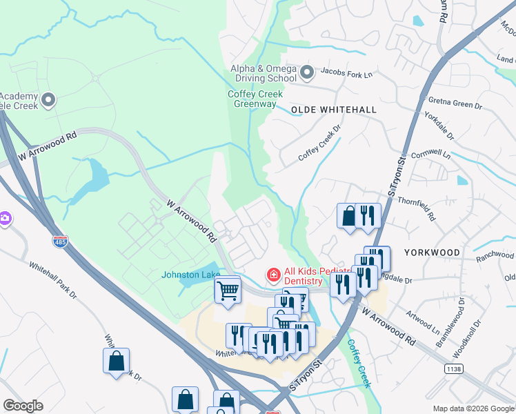 map of restaurants, bars, coffee shops, grocery stores, and more near 2533 Silverthorn Drive in Charlotte