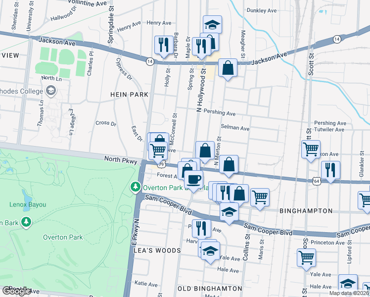 map of restaurants, bars, coffee shops, grocery stores, and more near 622 Spring Street in Memphis