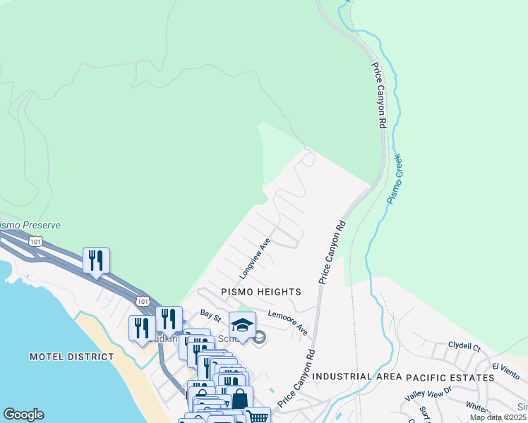 map of restaurants, bars, coffee shops, grocery stores, and more near 951 Longview Avenue in Pismo Beach
