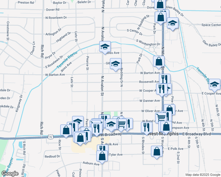 map of restaurants, bars, coffee shops, grocery stores, and more near 312 Roosevelt Avenue in West Memphis