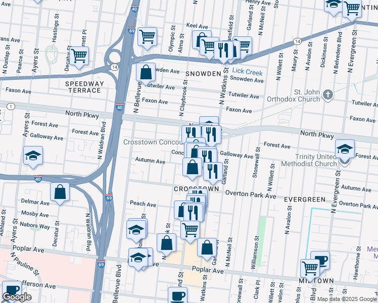 map of restaurants, bars, coffee shops, grocery stores, and more near 495 North Watkins Street in Memphis