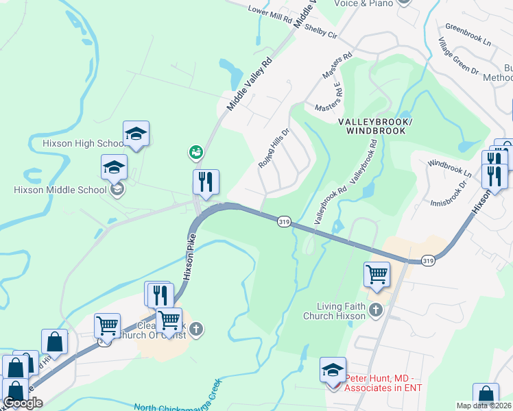 map of restaurants, bars, coffee shops, grocery stores, and more near 110 Masters Lane in Chattanooga