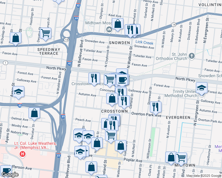 map of restaurants, bars, coffee shops, grocery stores, and more near 495 North Watkins Street in Memphis