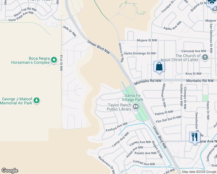 map of restaurants, bars, coffee shops, grocery stores, and more near 6016 Creggs Street Northwest in Albuquerque