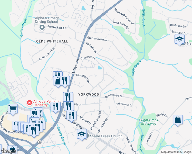 map of restaurants, bars, coffee shops, grocery stores, and more near 7307 Hooksett Court in Charlotte