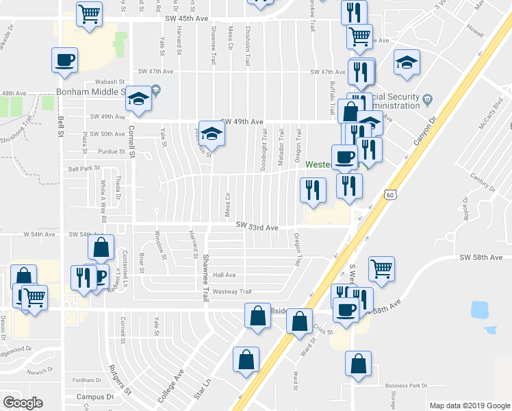 map of restaurants, bars, coffee shops, grocery stores, and more near 5111 Chisholm Trail in Amarillo