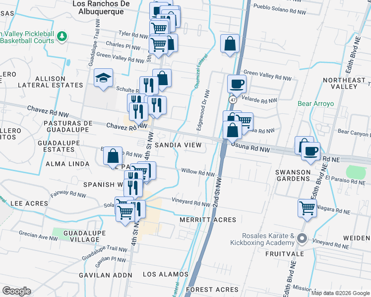 map of restaurants, bars, coffee shops, grocery stores, and more near 264 Sandia View Road Northwest in Albuquerque