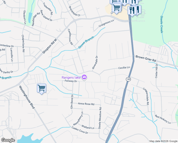 map of restaurants, bars, coffee shops, grocery stores, and more near 5020 Riverdale Drive in Charlotte