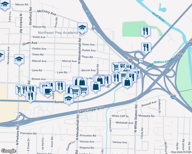 map of restaurants, bars, coffee shops, grocery stores, and more near 779 Rock Road in Memphis