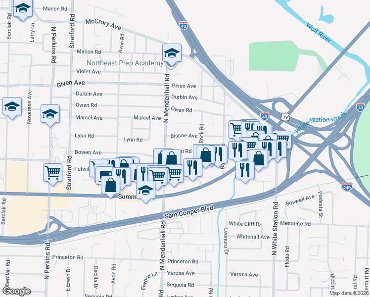map of restaurants, bars, coffee shops, grocery stores, and more near 4923 Biscoe Avenue in Memphis