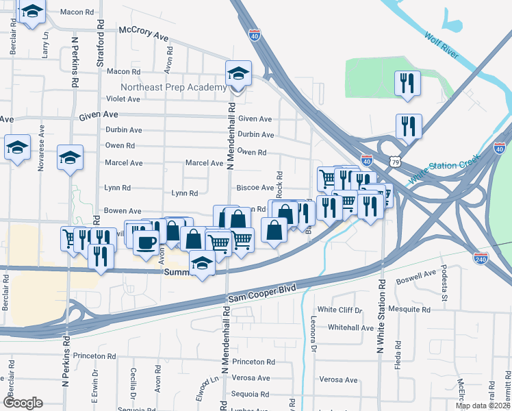 map of restaurants, bars, coffee shops, grocery stores, and more near 4923 Biscoe Avenue in Memphis