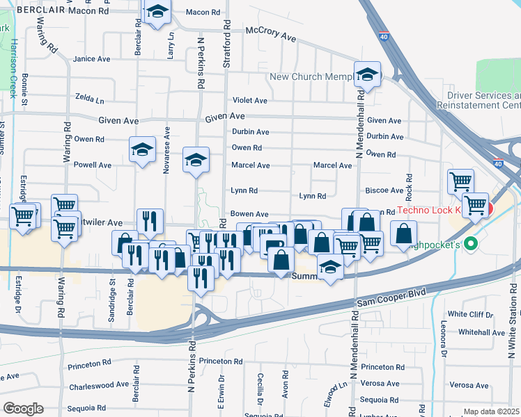 map of restaurants, bars, coffee shops, grocery stores, and more near 4701 Lynn Road in Memphis