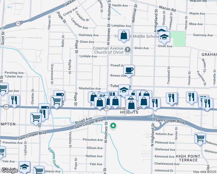 map of restaurants, bars, coffee shops, grocery stores, and more near 3318 Tutwiler Avenue in Memphis
