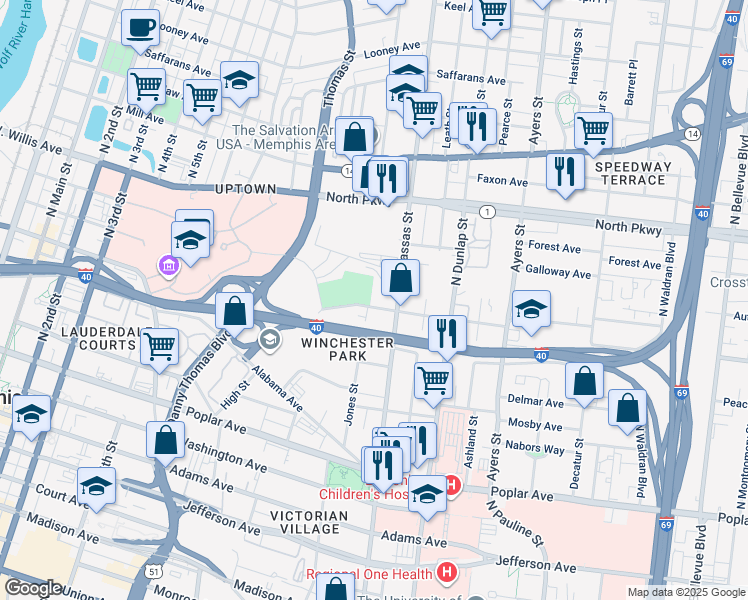map of restaurants, bars, coffee shops, grocery stores, and more near 417 North Manassas Street in Memphis
