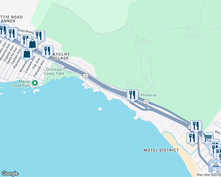 map of restaurants, bars, coffee shops, grocery stores, and more near El Camino Real in Pismo Beach