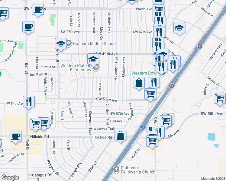 map of restaurants, bars, coffee shops, grocery stores, and more near 5111 Chisholm Trail in Amarillo