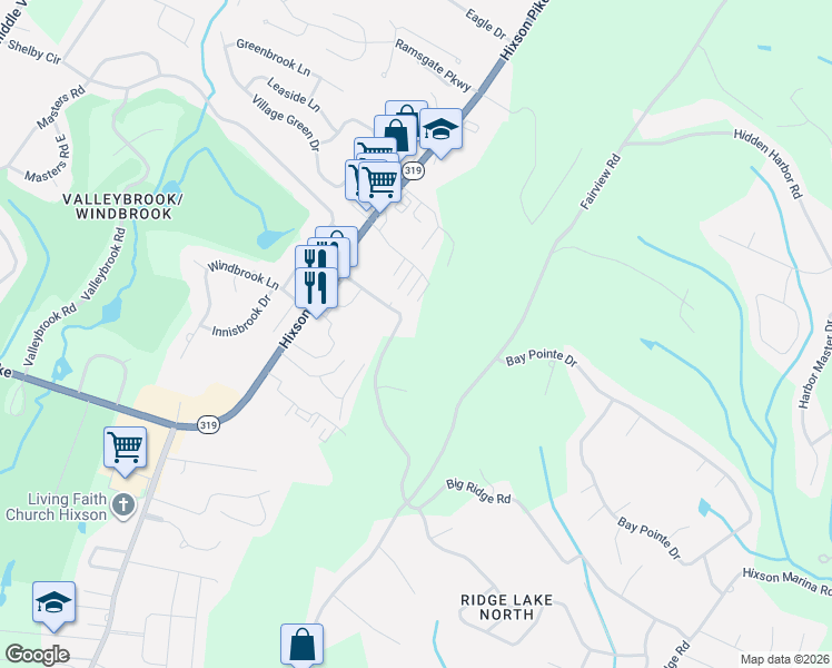 map of restaurants, bars, coffee shops, grocery stores, and more near 6841 Big Ridge Road in Chattanooga