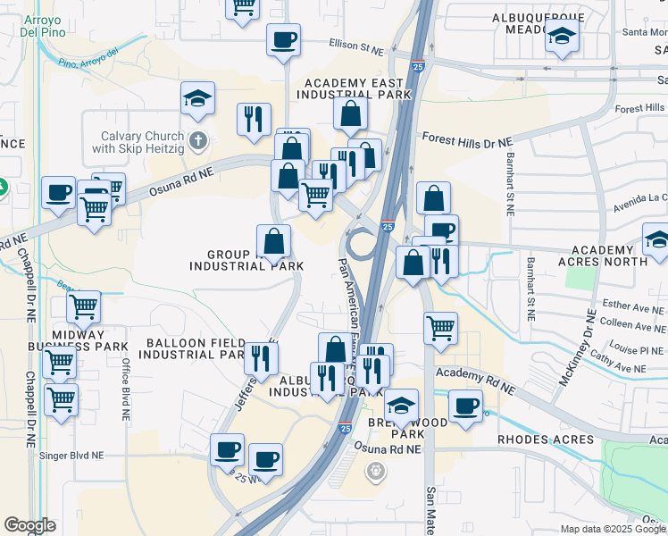 map of restaurants, bars, coffee shops, grocery stores, and more near 6207 Pan American Freeway in Albuquerque