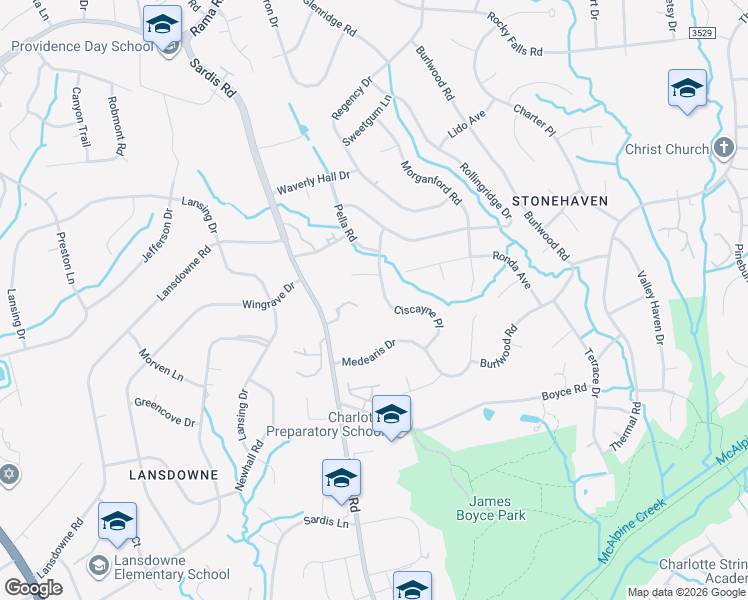 map of restaurants, bars, coffee shops, grocery stores, and more near 6511 Ciscayne Place in Charlotte