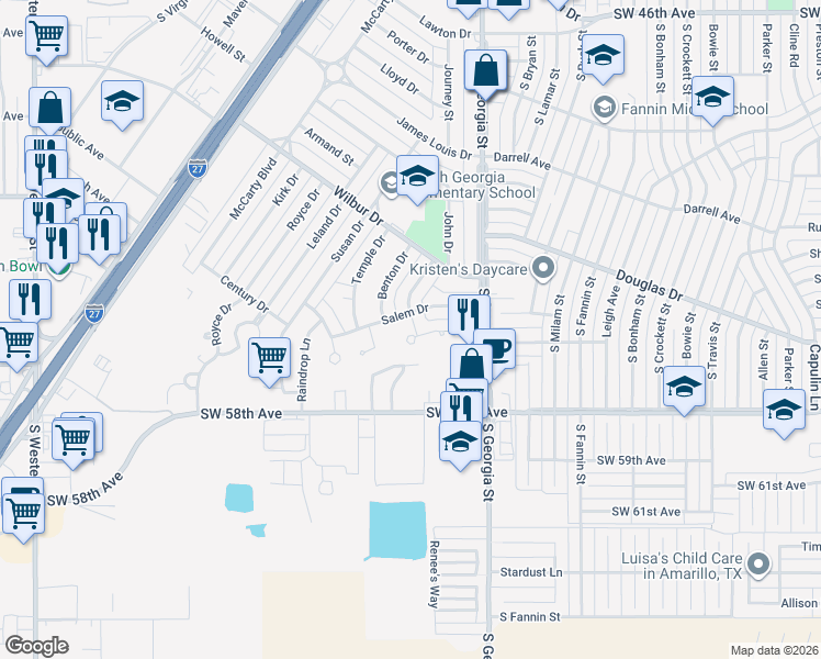 map of restaurants, bars, coffee shops, grocery stores, and more near 2900 Shield Court in Amarillo
