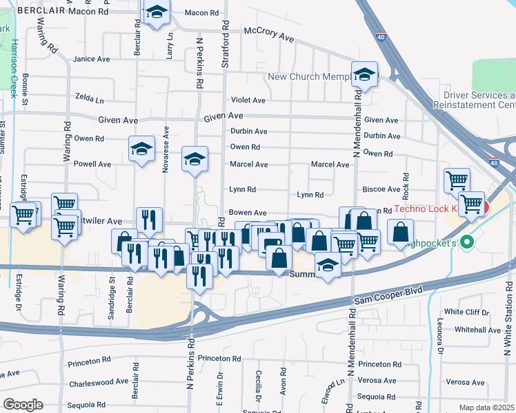 map of restaurants, bars, coffee shops, grocery stores, and more near 4701 Lynn Road in Memphis