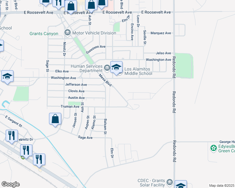 map of restaurants, bars, coffee shops, grocery stores, and more near 1109 Mesa Boulevard in Grants