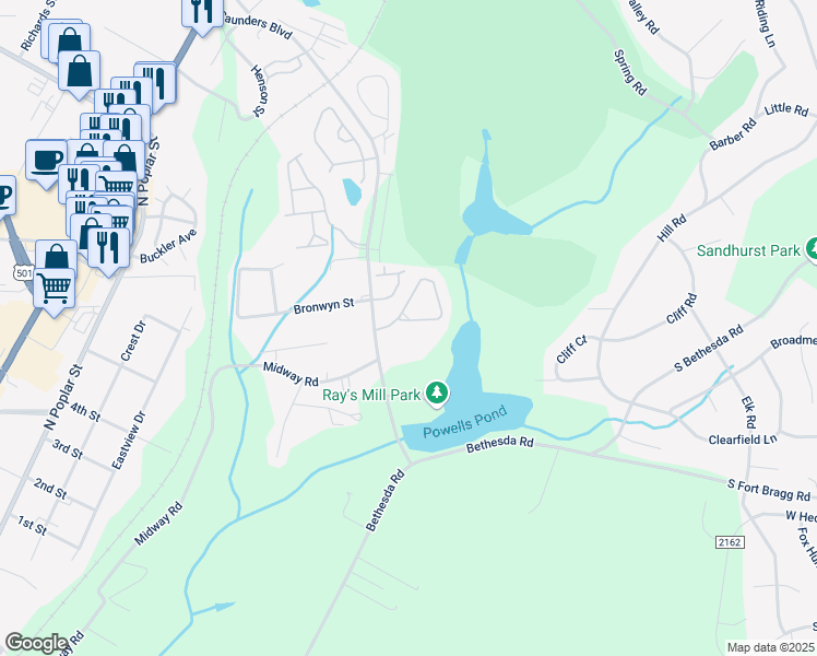 map of restaurants, bars, coffee shops, grocery stores, and more near 128 Cypress Circle in Southern Pines