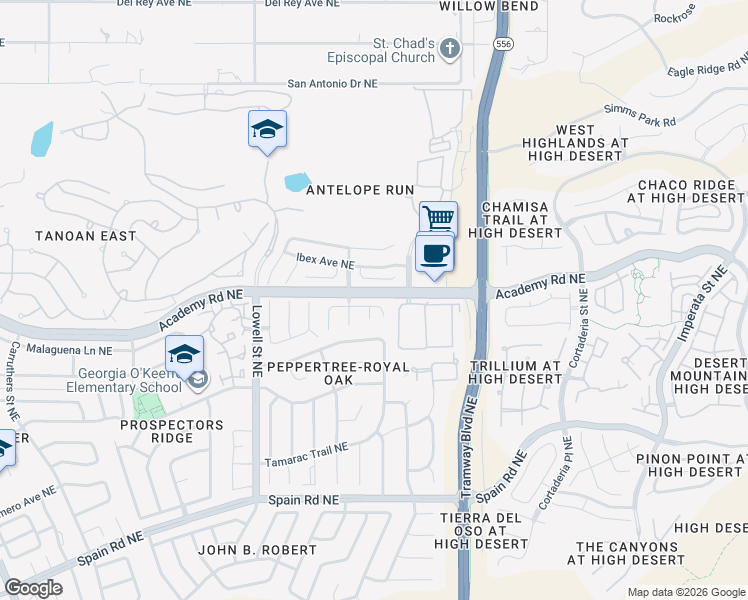 map of restaurants, bars, coffee shops, grocery stores, and more near 12028 Gazelle Place Northeast in Albuquerque