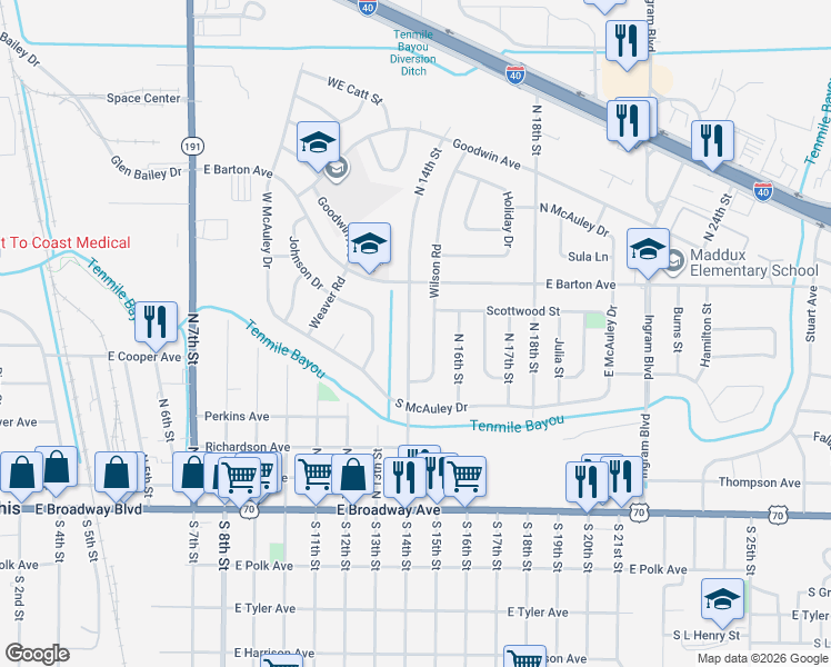 map of restaurants, bars, coffee shops, grocery stores, and more near 1501 Scottwood Street in West Memphis