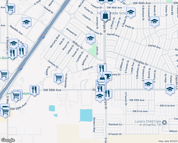 map of restaurants, bars, coffee shops, grocery stores, and more near 5120 Shield Drive in Amarillo