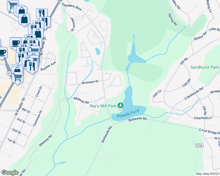 map of restaurants, bars, coffee shops, grocery stores, and more near 136 Cypress Circle in Southern Pines