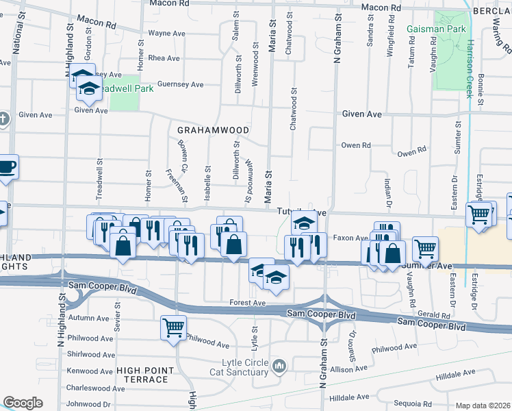 map of restaurants, bars, coffee shops, grocery stores, and more near 3854 Tutwiler Avenue in Memphis