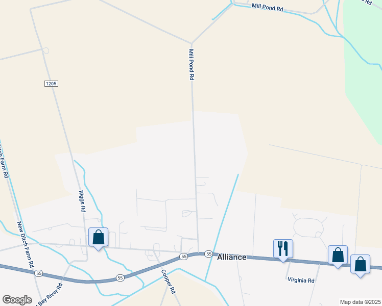 map of restaurants, bars, coffee shops, grocery stores, and more near 471 Mill Pond Road in Bayboro