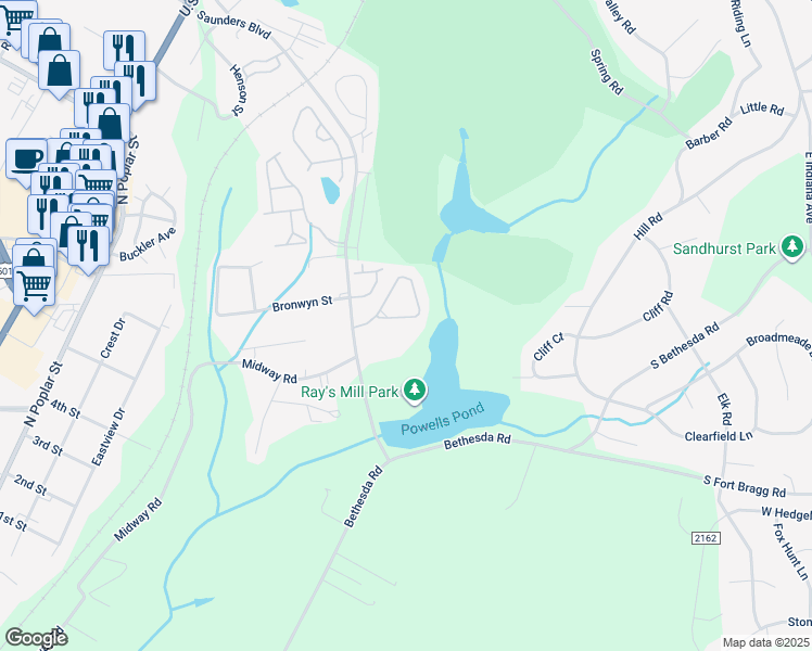 map of restaurants, bars, coffee shops, grocery stores, and more near 112 Cypress Circle in Southern Pines
