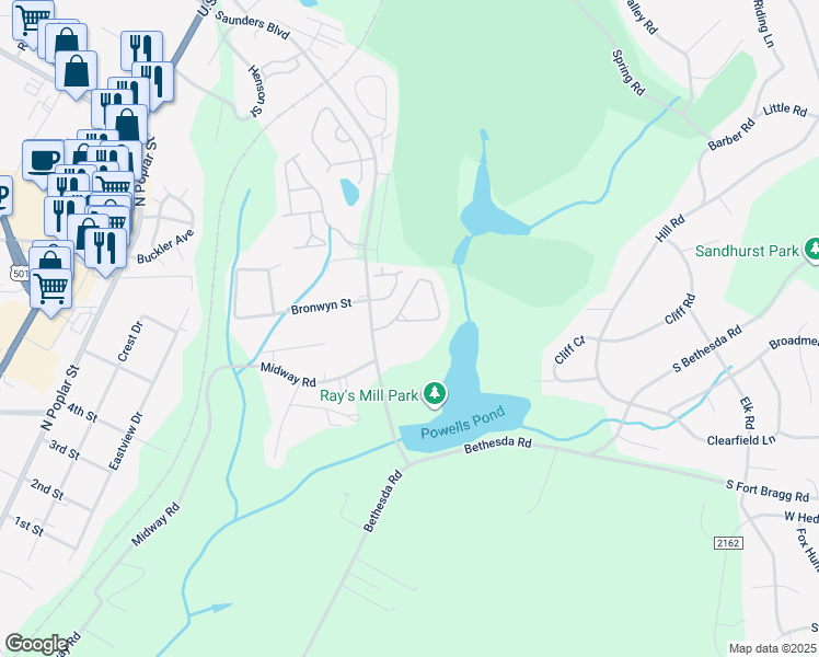 map of restaurants, bars, coffee shops, grocery stores, and more near 124 Cypress Circle in Southern Pines
