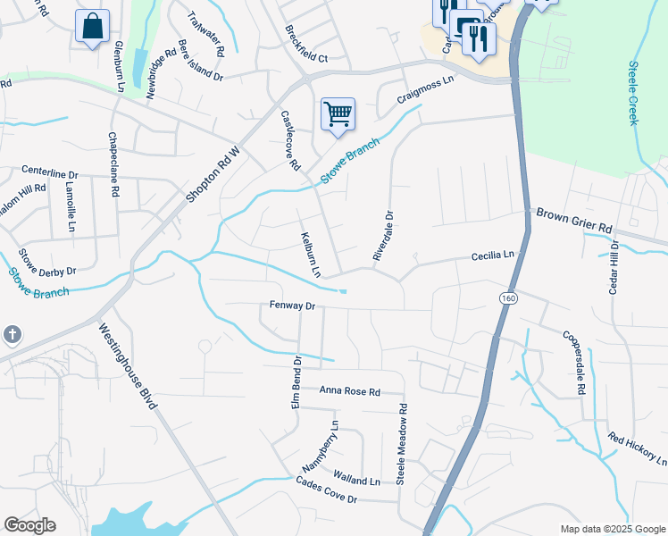 map of restaurants, bars, coffee shops, grocery stores, and more near 5707 Castlecove Road in Charlotte