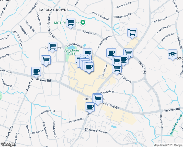 map of restaurants, bars, coffee shops, grocery stores, and more near SouthPark Mall in Charlotte
