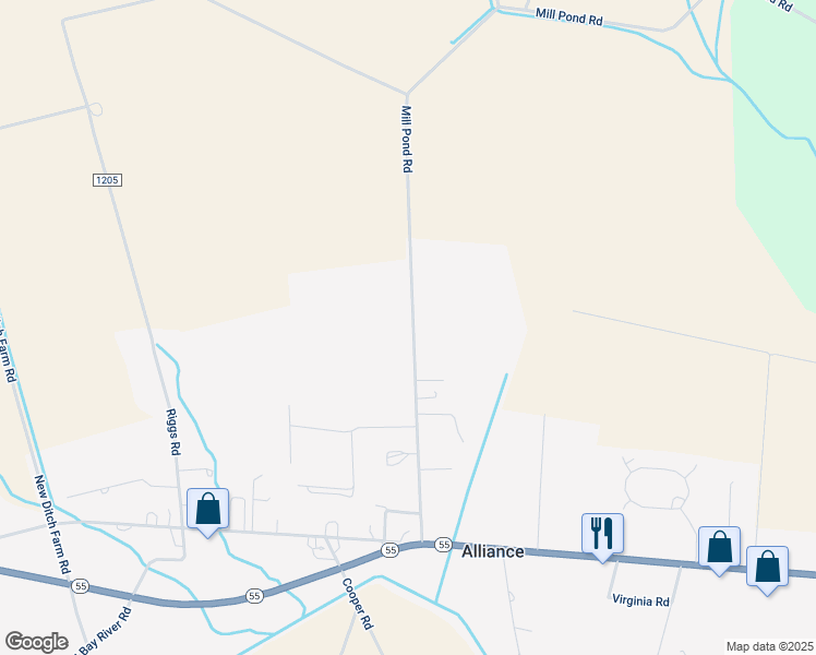 map of restaurants, bars, coffee shops, grocery stores, and more near 471 Mill Pond Road in Bayboro