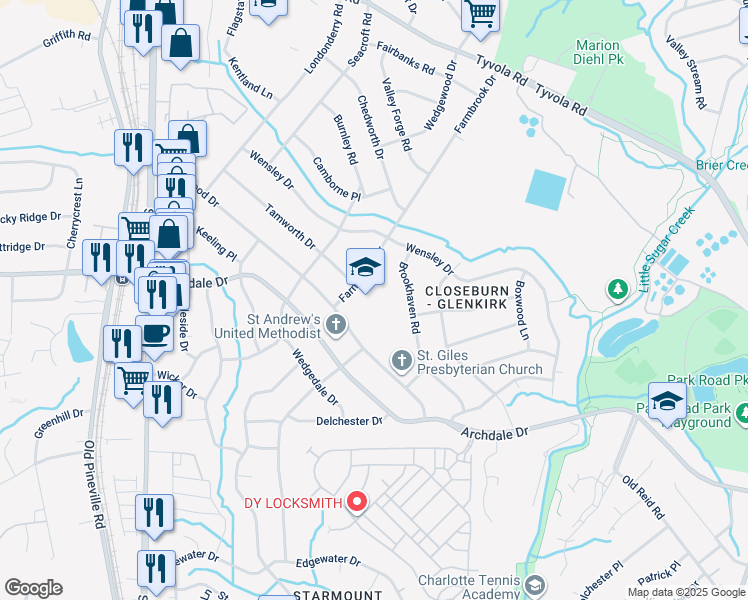 map of restaurants, bars, coffee shops, grocery stores, and more near 5801 Farmbrook Drive in Charlotte