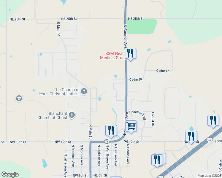 map of restaurants, bars, coffee shops, grocery stores, and more near 1621 Silver Oak Drive in Blanchard