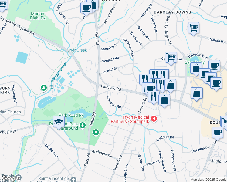 map of restaurants, bars, coffee shops, grocery stores, and more near 5566 Fairview Road in Charlotte