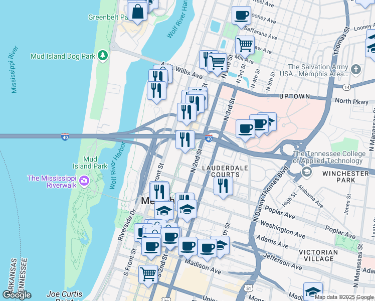 map of restaurants, bars, coffee shops, grocery stores, and more near 272 North Main Street in Memphis