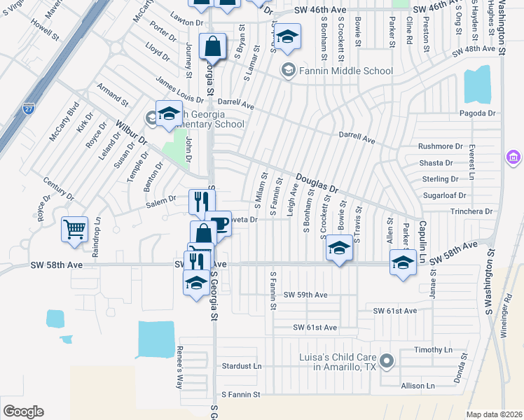 map of restaurants, bars, coffee shops, grocery stores, and more near 5220 South Milam Street in Amarillo