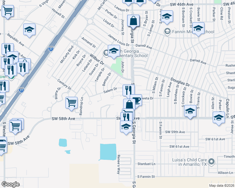 map of restaurants, bars, coffee shops, grocery stores, and more near 2715 Salem Drive in Amarillo