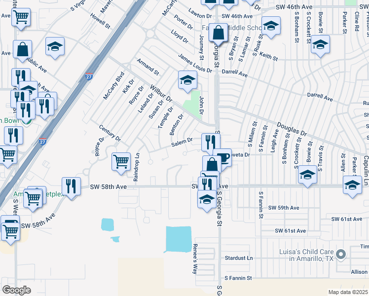 map of restaurants, bars, coffee shops, grocery stores, and more near 5120 Shield Drive in Amarillo