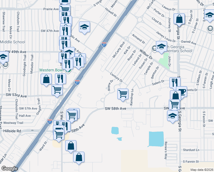 map of restaurants, bars, coffee shops, grocery stores, and more near 5212 Royce Drive in Amarillo